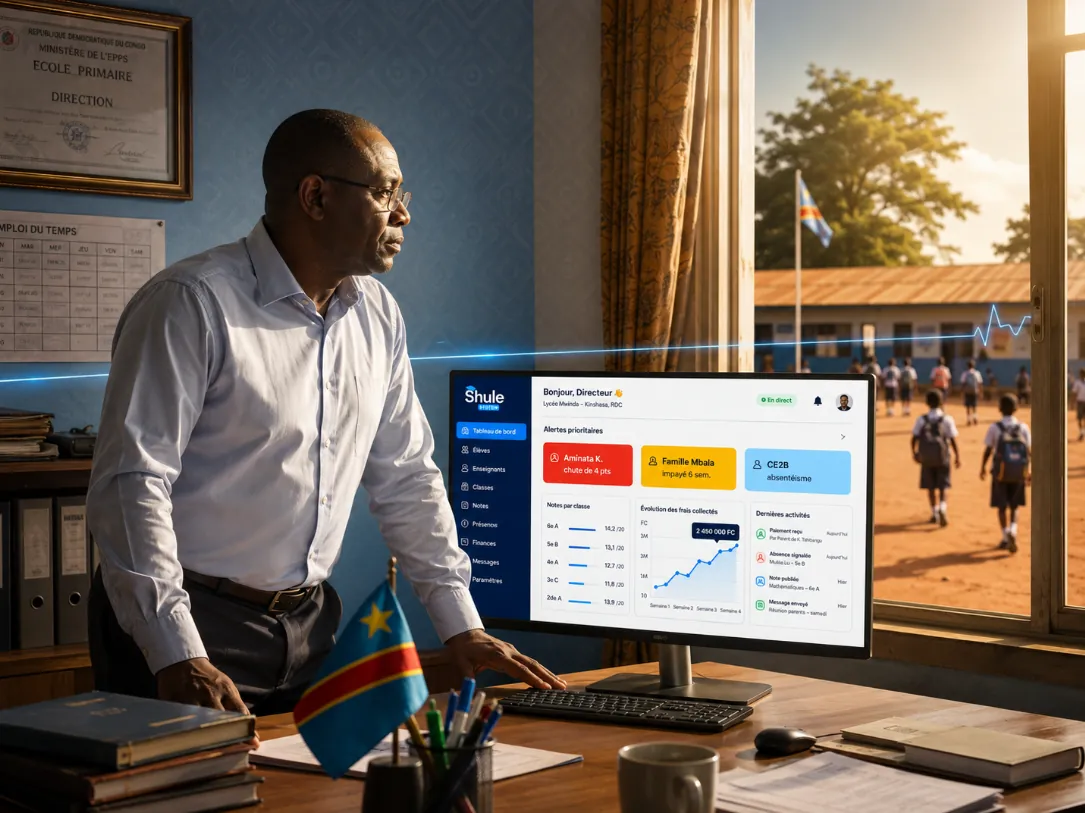 Un directeur consulte son tableau de bord ShuleSystem dans son bureau