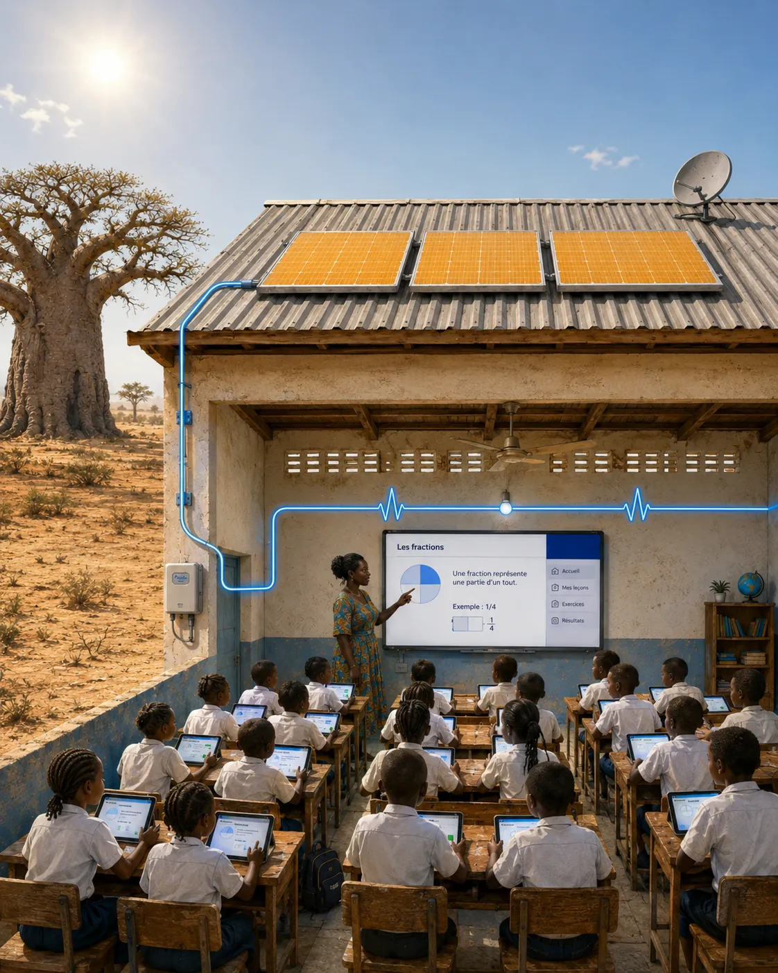 Une salle de classe équipée par Shule Zéro Limite : panneaux solaires, connexion satellite et tablettes