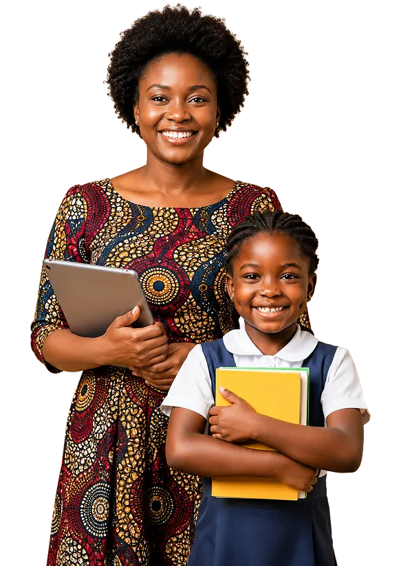 Une mère et sa fille, tablette et cahiers en main