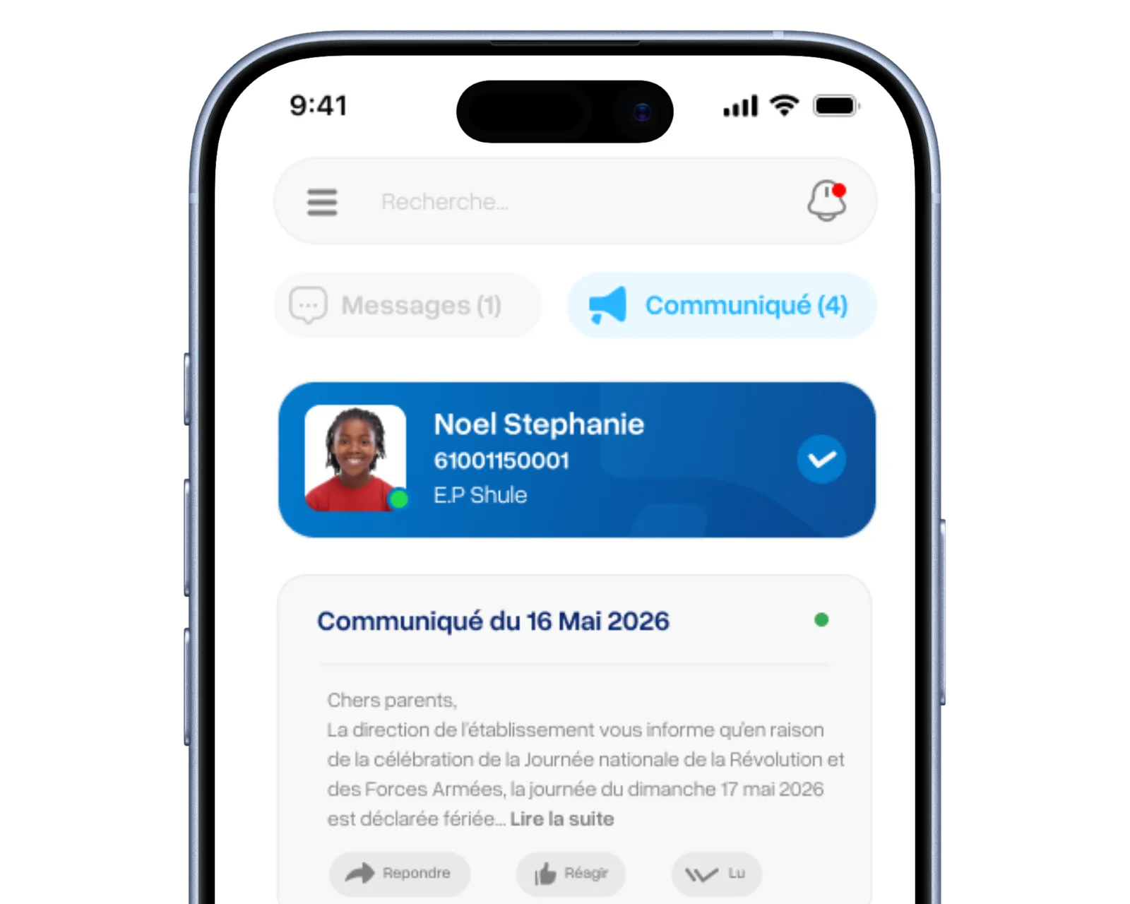 Application mobile Shule pour les parents : communiqués de l'école