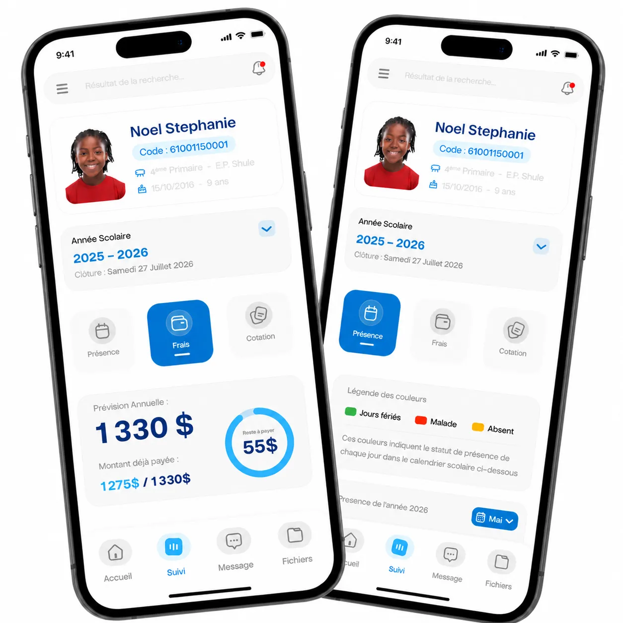 Application Shule pour les parents : profil de l'enfant, présences, notes, frais scolaires et messages